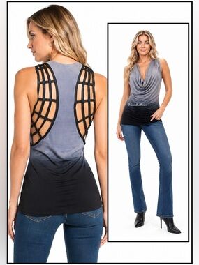 Sky Brand Tie Dye Black Faux Leather Cage Detail Drape Front Top SZ L